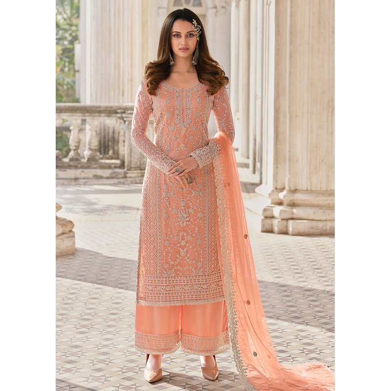 Cording Embroidered Peach Designer Salwar Kameez