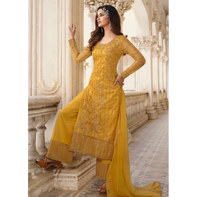 Cording Embroidered Yellow Designer Salwar Kameez