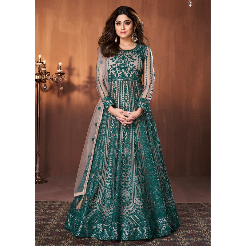 Dark Green All Over Embroidered Shamita Shetty Gown