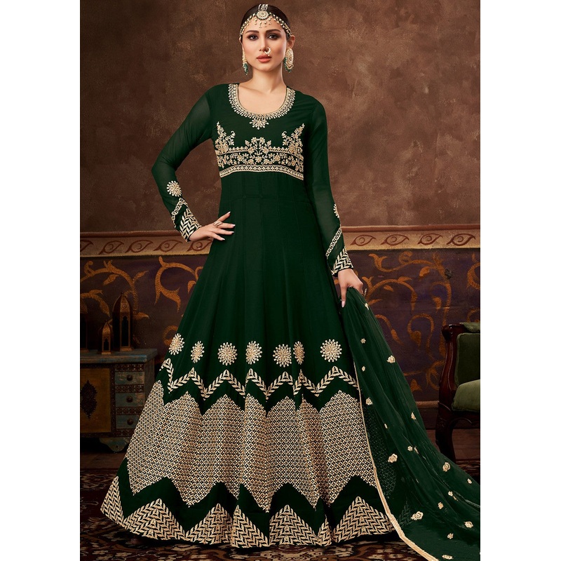 Dark Green Ghera Detailed Embroidered Designer Anarkali