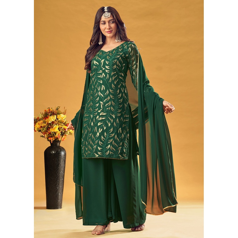 Deep Green Gold Embroidered Straight Cut Palazzo Suit
