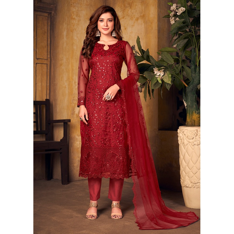 Deep Red Tone to Tone Embroidered Net Salwar Kameez