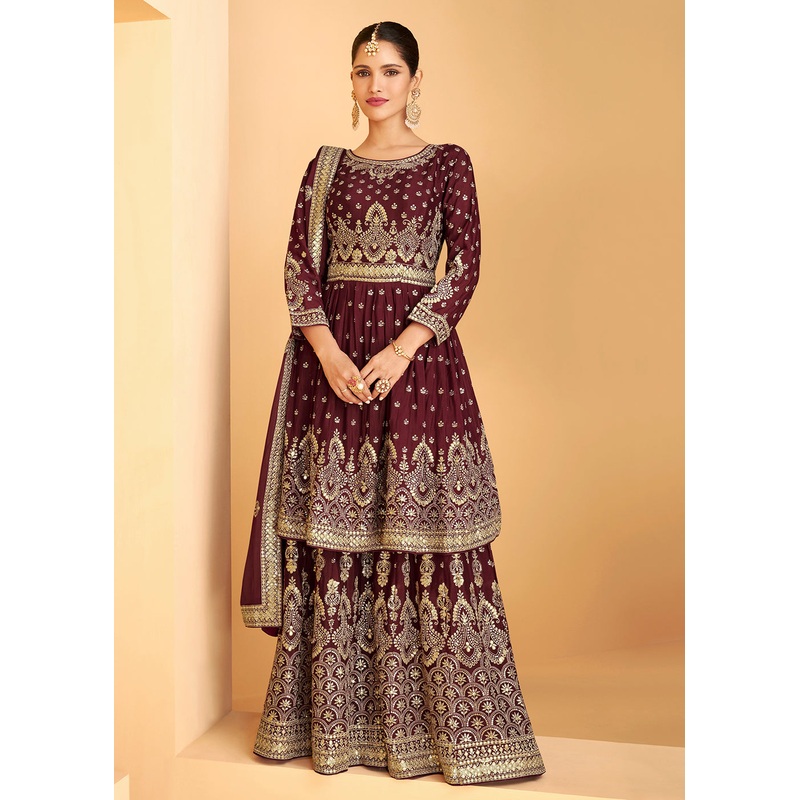 Designer Maroon Georgette Pakistani Style Sharara Suit