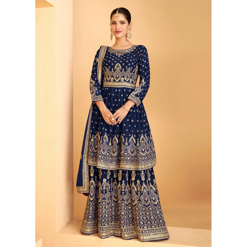 Designer Navy Blue Georgette Pakistani Style Sharara Suit