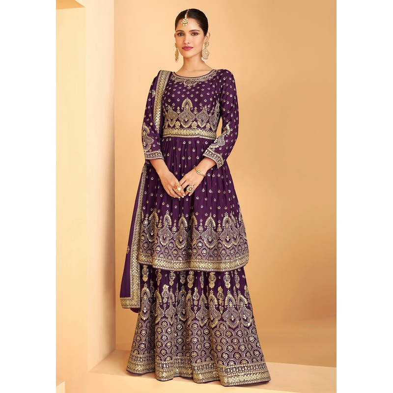 Designer Purple Georgette Pakistani Style Sharara Suit