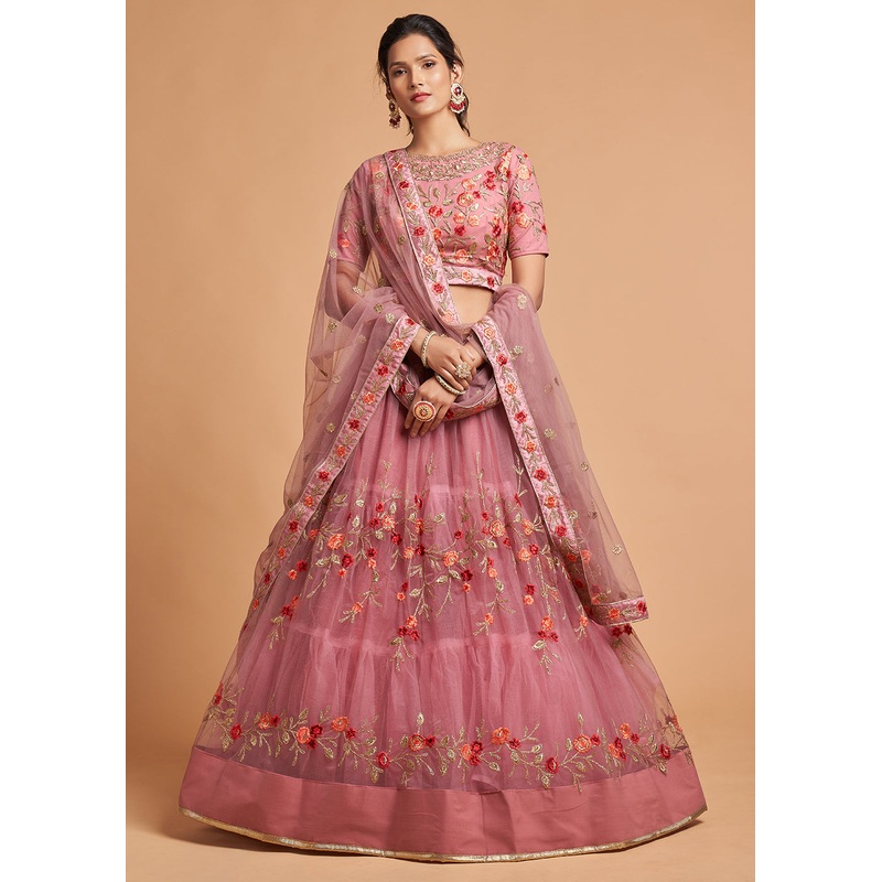 Dusty Pink Stylish Embroidered A Line Lehenga Choli