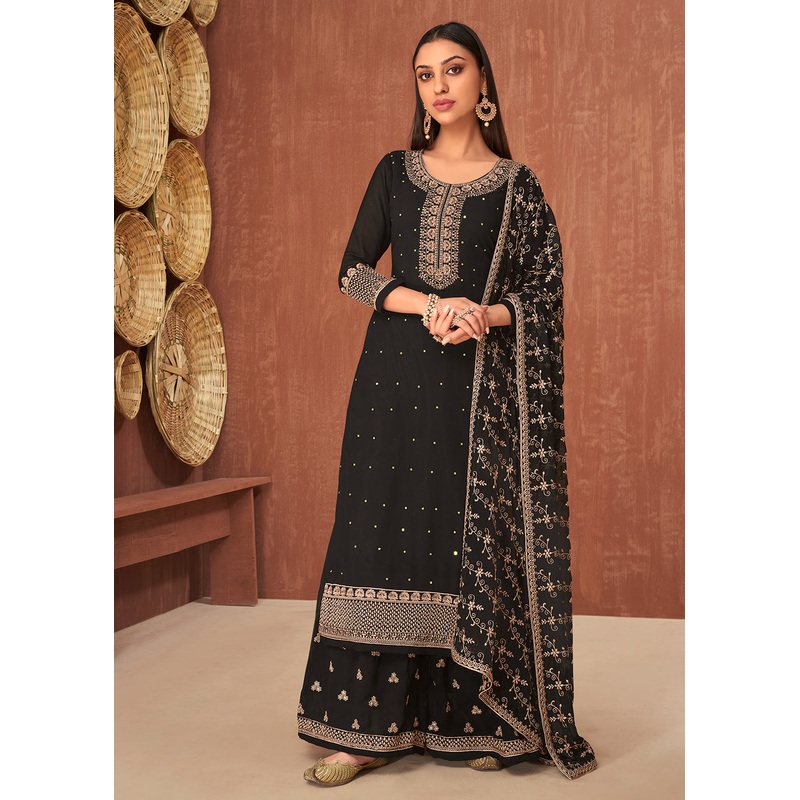 Ethnic Black Georgette Traditionally Embroidered Palazzo Suit