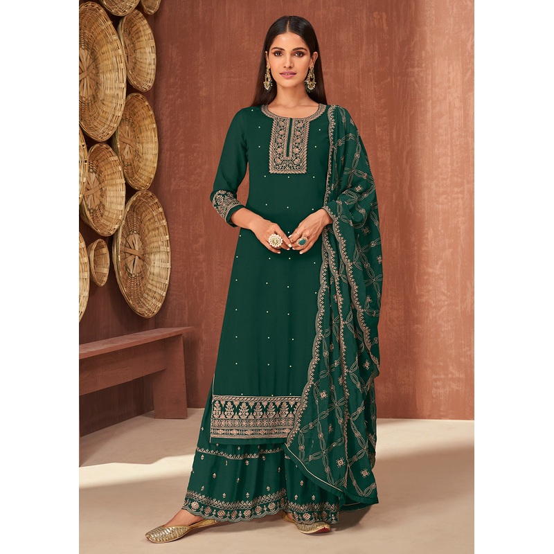 Ethnic Green Georgette Traditionally Embroidered Palazzo Suit