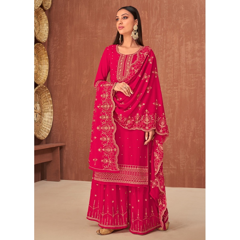 Ethnic Pink Georgette Traditionally Embroidered Palazzo Suit