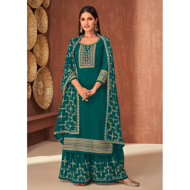 Ethnic Teal Georgette Traditionally Embroidered Palazzo Suit