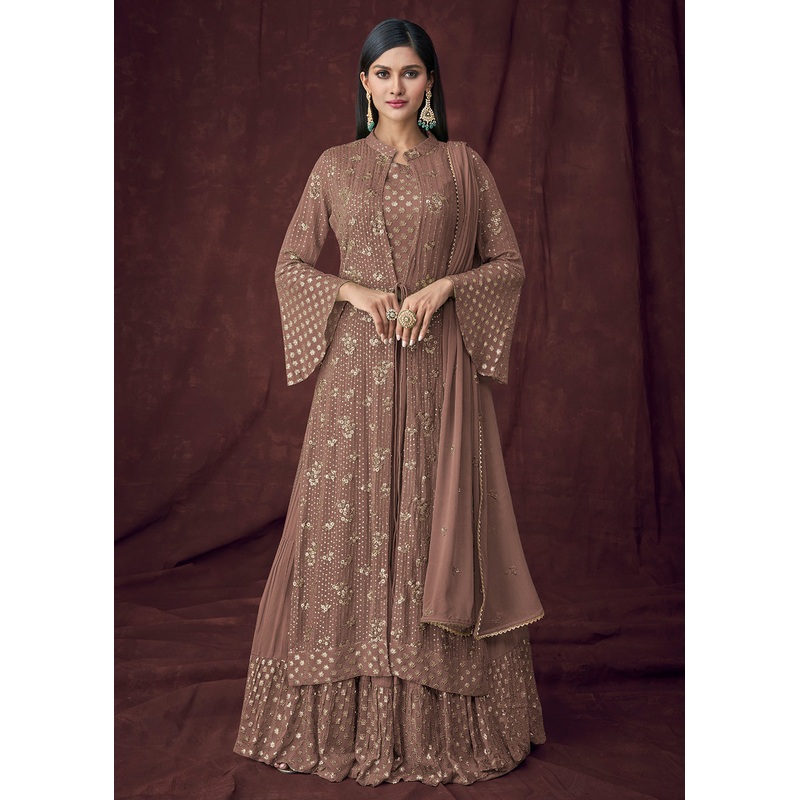Fancy Fabric Brown Jacket Style Designer Lehenga Suit