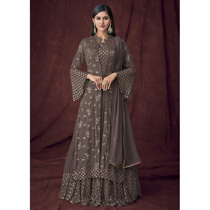 Fancy Fabric Grey Jacket Style Designer Lehenga Suit