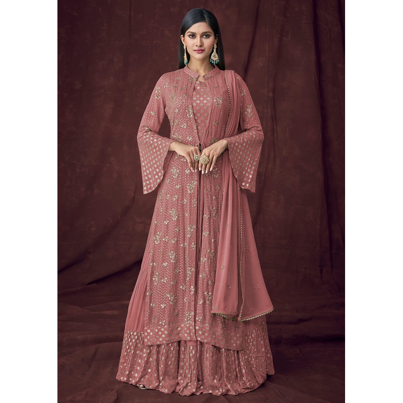 Fancy Fabric Pink Jacket Style Designer Lehenga Suit