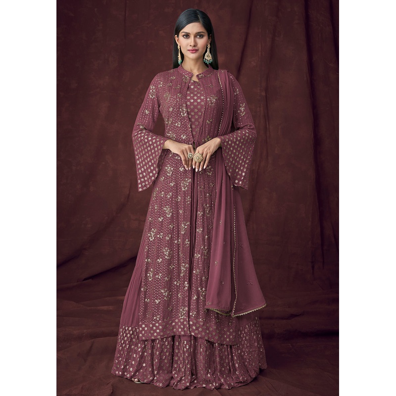 Fancy Fabric Plum Jacket Style Designer Lehenga Suit