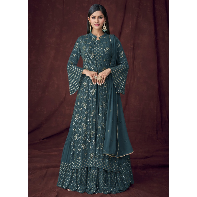 Fancy Fabric Teal Jacket Style Designer Lehenga Suit