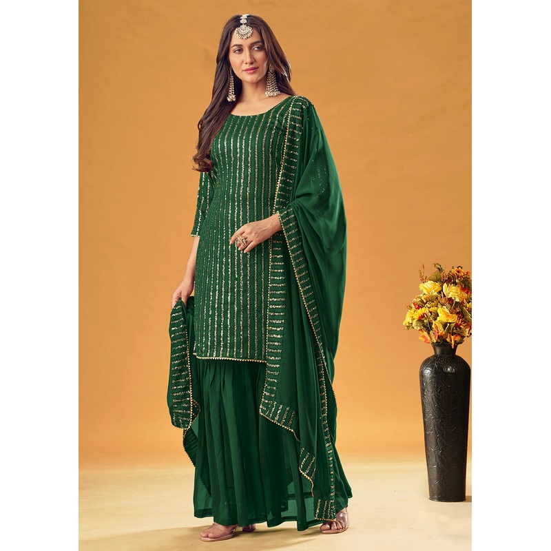 Forest Green Embroidered Indian Designer Gharara Suit