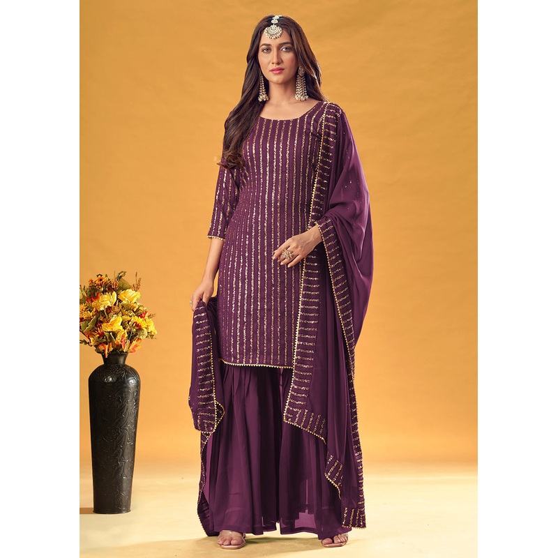 French Purple Embroidered Indian Designer Gharara Suit