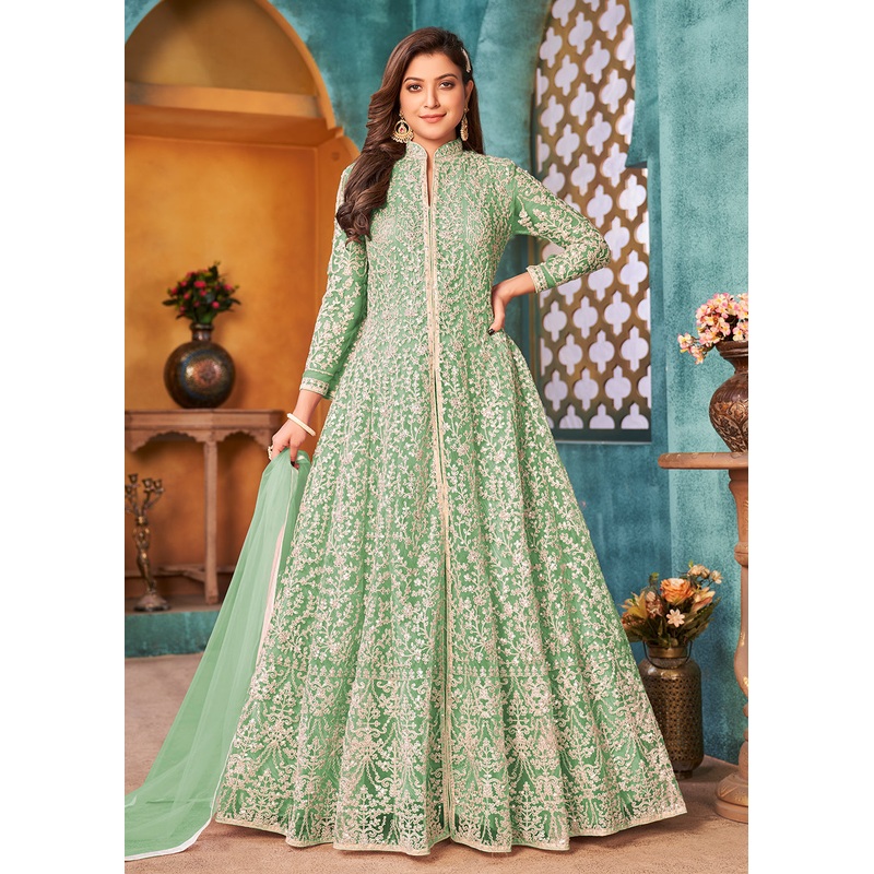 Front Slit Green Wedding Wear Anarkali Suit