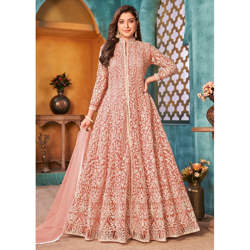 Front Slit Peachy Pink Wedding Wear Anarkali Suit