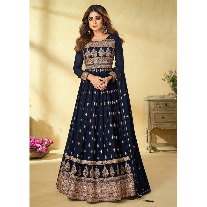 Function Wear Gliding Navy Blue Floor Length Anarkali