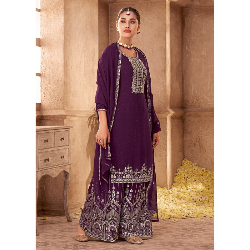 Georgette Designer Purple Embroidered Festive Palazzo Suit