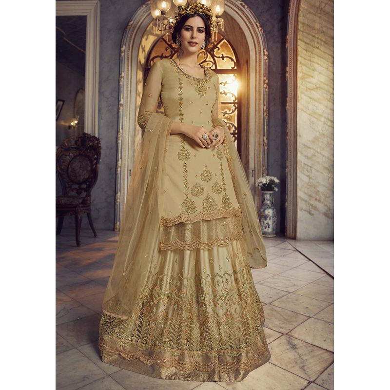 Golden Beige Lehenga/Pant Style Trendy Suit