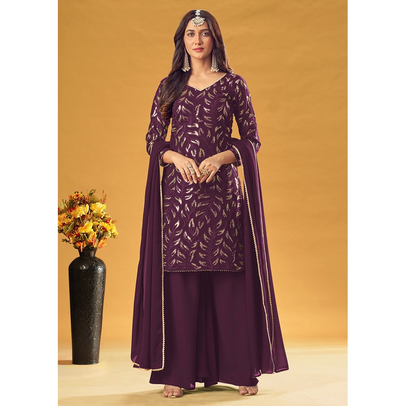 Grape Purple Gold Embroidered Straight Cut Palazzo Suit