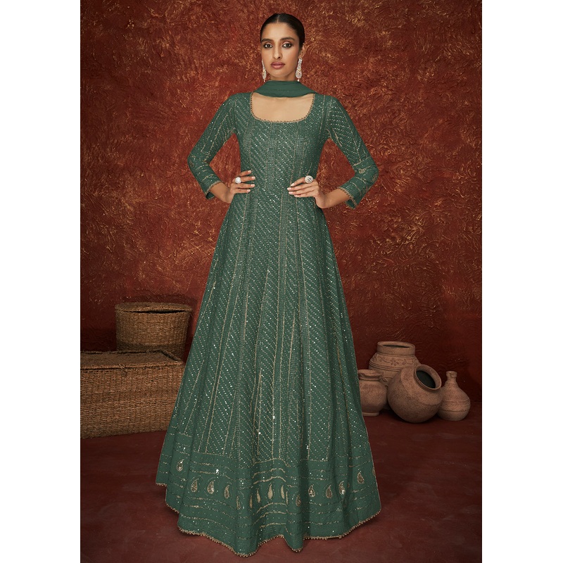 Green Georgette Long Embroidered Anarkali Suit