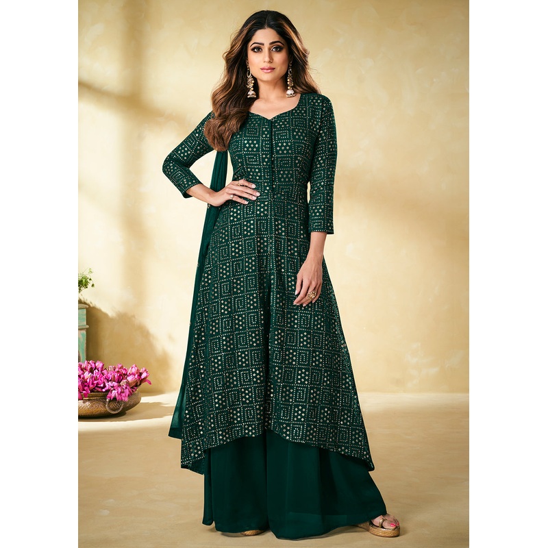 Green Indian Designer Embroidered Palazzo Suit
