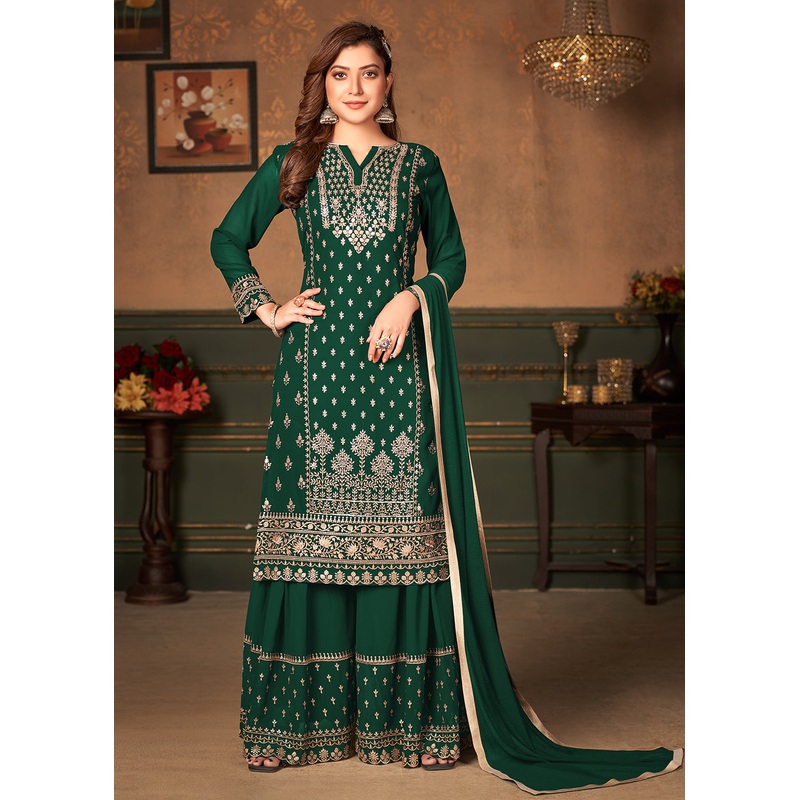 Green Pakistani Sharara Style Georgette Embroidered Suit
