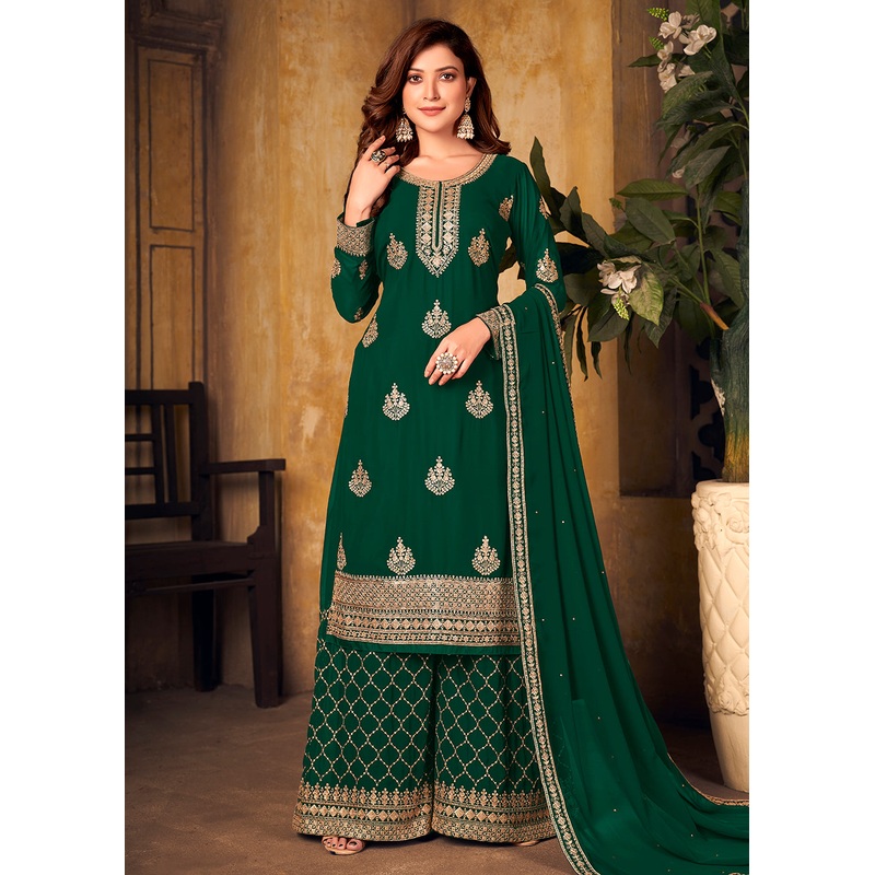 Green Thread & Zari Embroidered Palazzo Suit with Dupatta