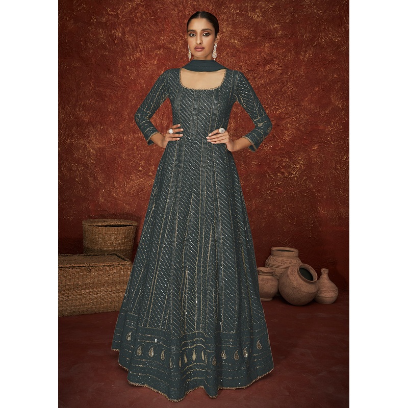 Grey Georgette Long Embroidered Anarkali Suit