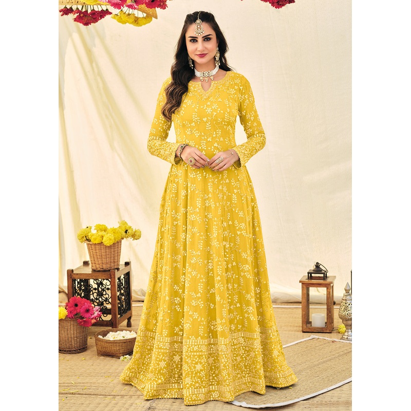 Haldi Yellow Embroidered Georgette Anarkali Suit