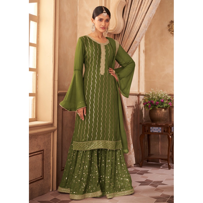 Heavy Faux Georgette Green Embroidered Palazzo Suit