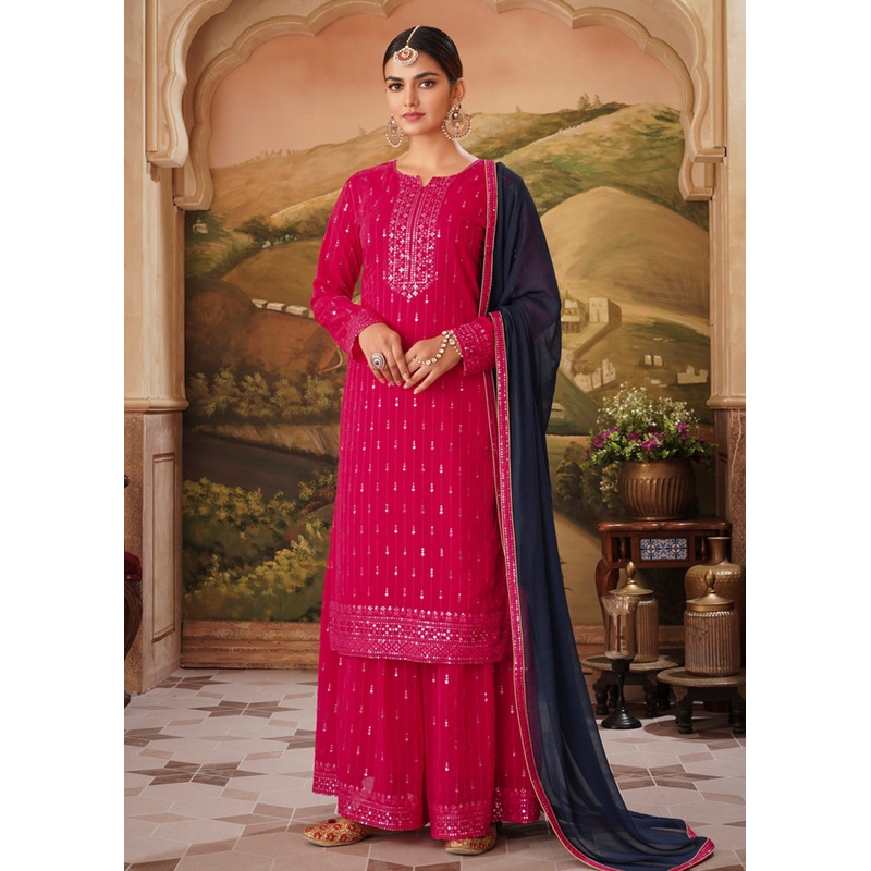 Heavy Faux Georgette Hot Pink Embroidered Palazzo Suit