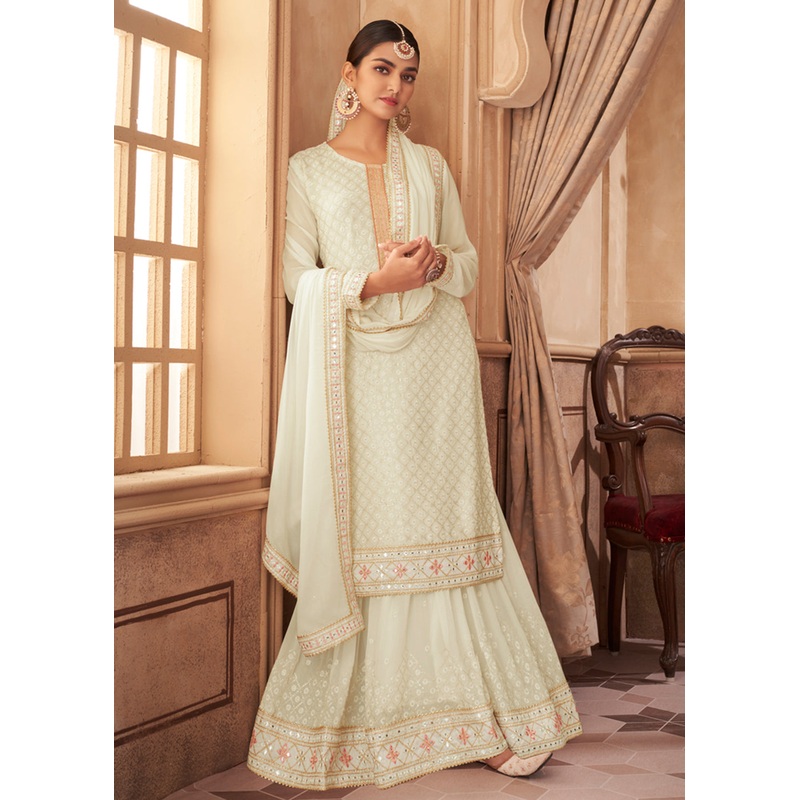 Heavy Faux Georgette Off White Embroidered Palazzo Suit
