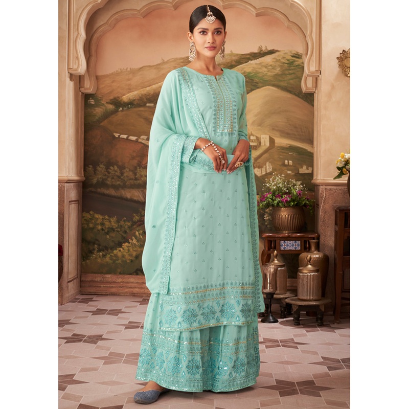 Heavy Faux Georgette Sky Blue Embroidered Palazzo Suit