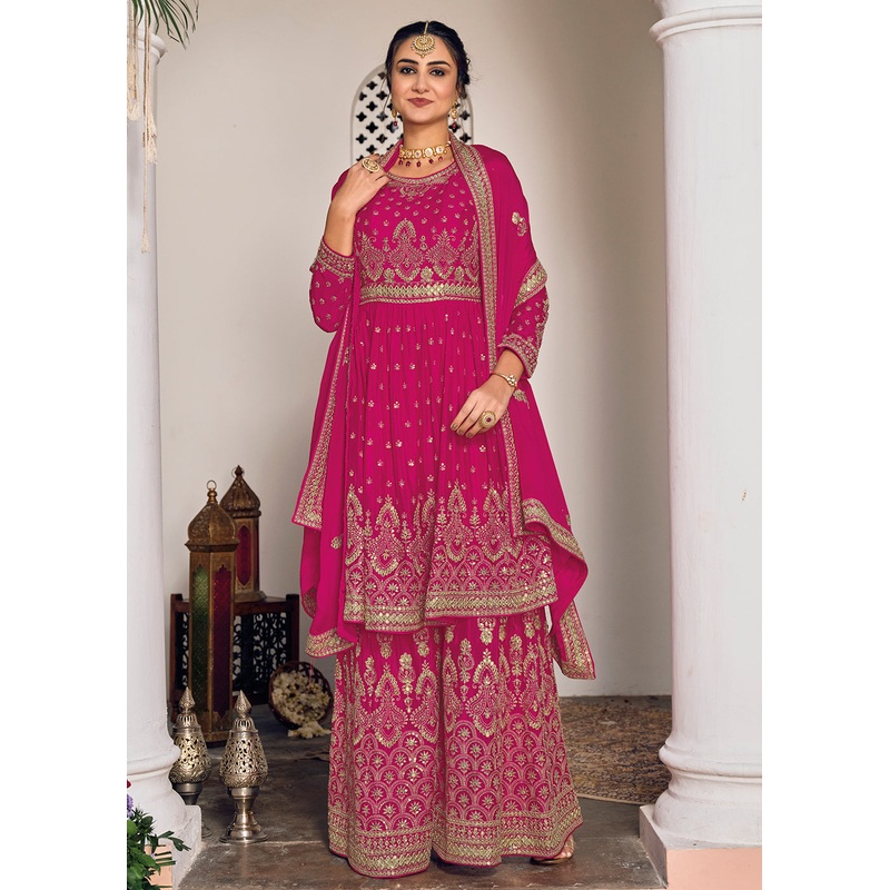 Hot Pink and Gold Embroidered Designer Sharara Suit