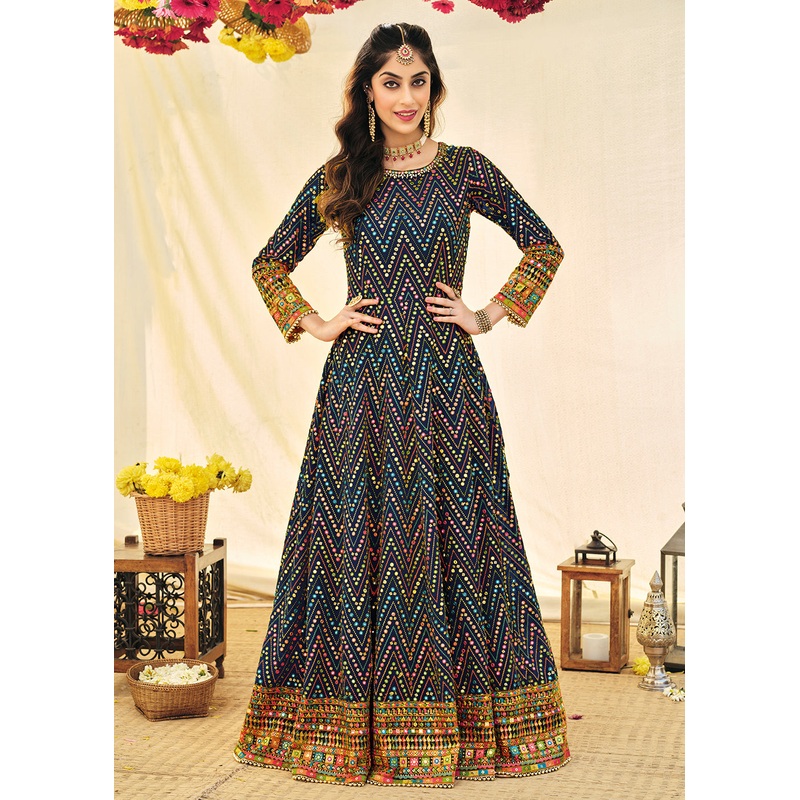 Impressive Blue Embroidered Georgette Anarkali Suit