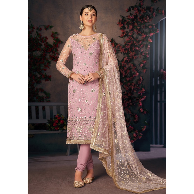 Light Lavender All Over Thread Work Net Churidar Suit