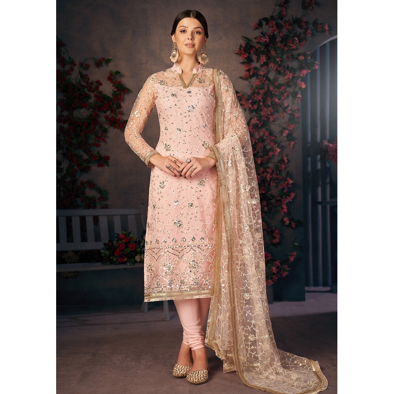 Light Peach All Over Thread Work Net Churidar Suit