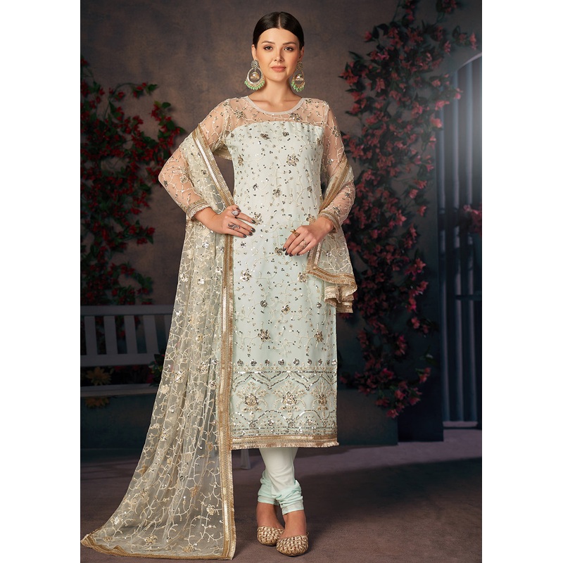 Light Sea Green All Over Thread Work Net Churidar Suit