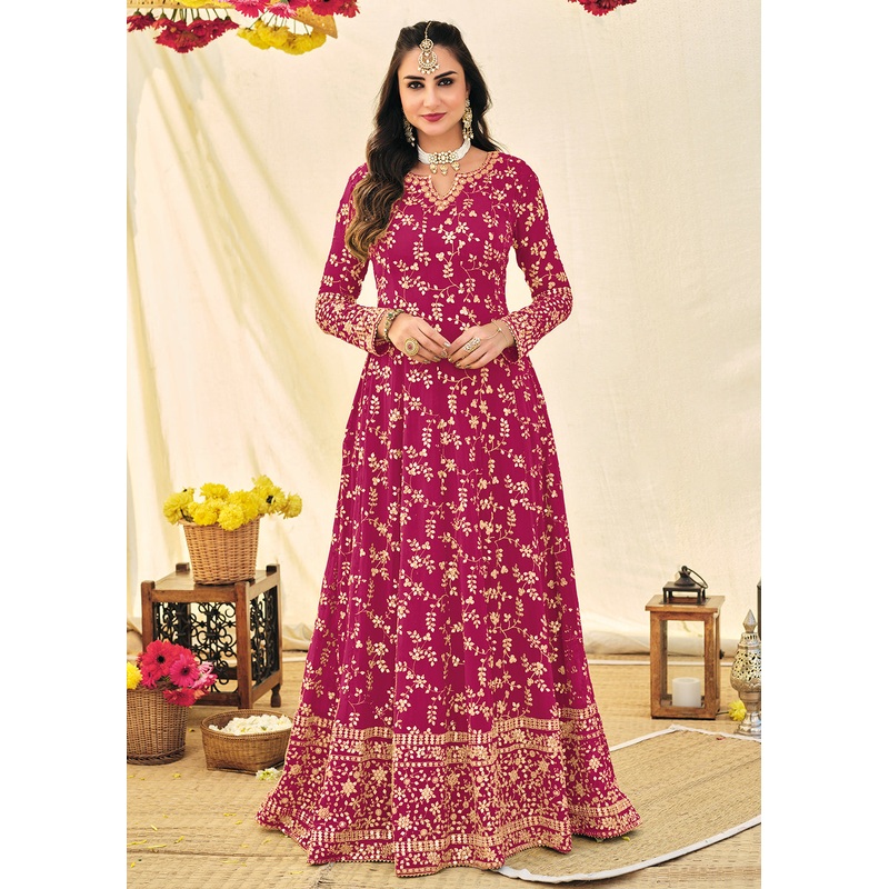 Magenta Pink Embroidered Georgette Anarkali Suit