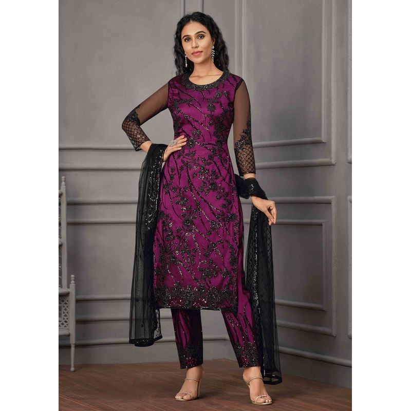 Magenta Pink Wedding Wear Net Embroidered Salwar Suit
