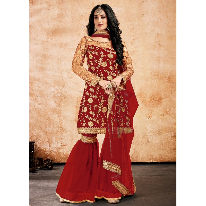 Majestic Red Net Sequins Pakistani Gharara Suit