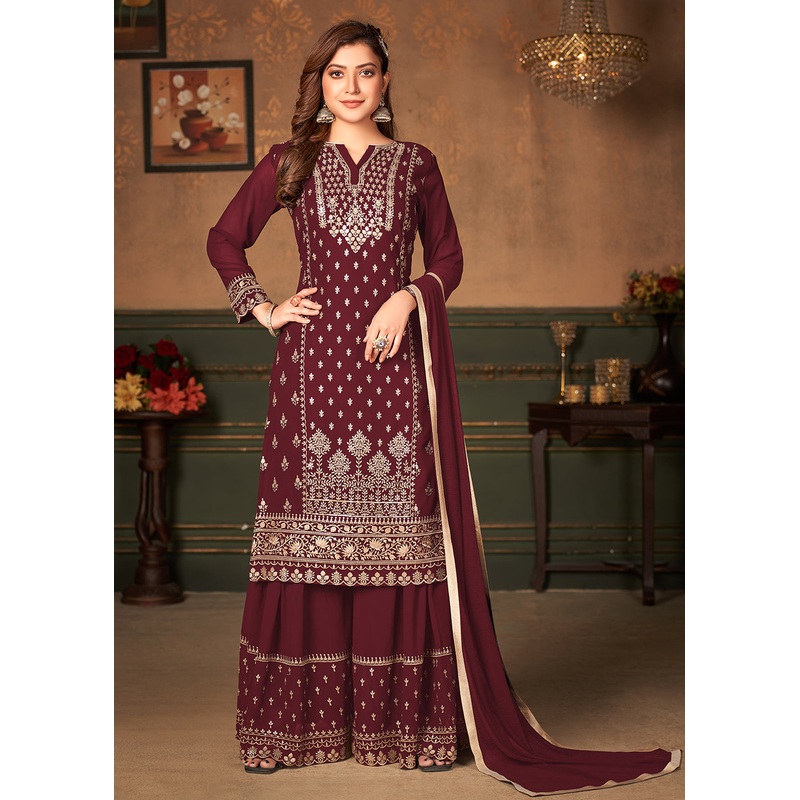 Maroon Pakistani Sharara Style Georgette Embroidered Suit