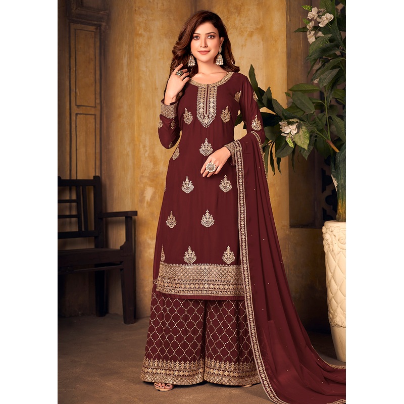 Maroon Thread & Zari Embroidered Palazzo Suit with Dupatta