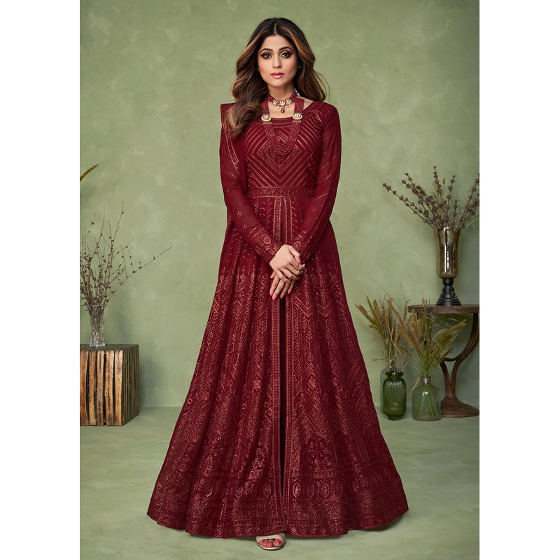 Maroon Wedding Party Wear Shamita Shetty Anarkali