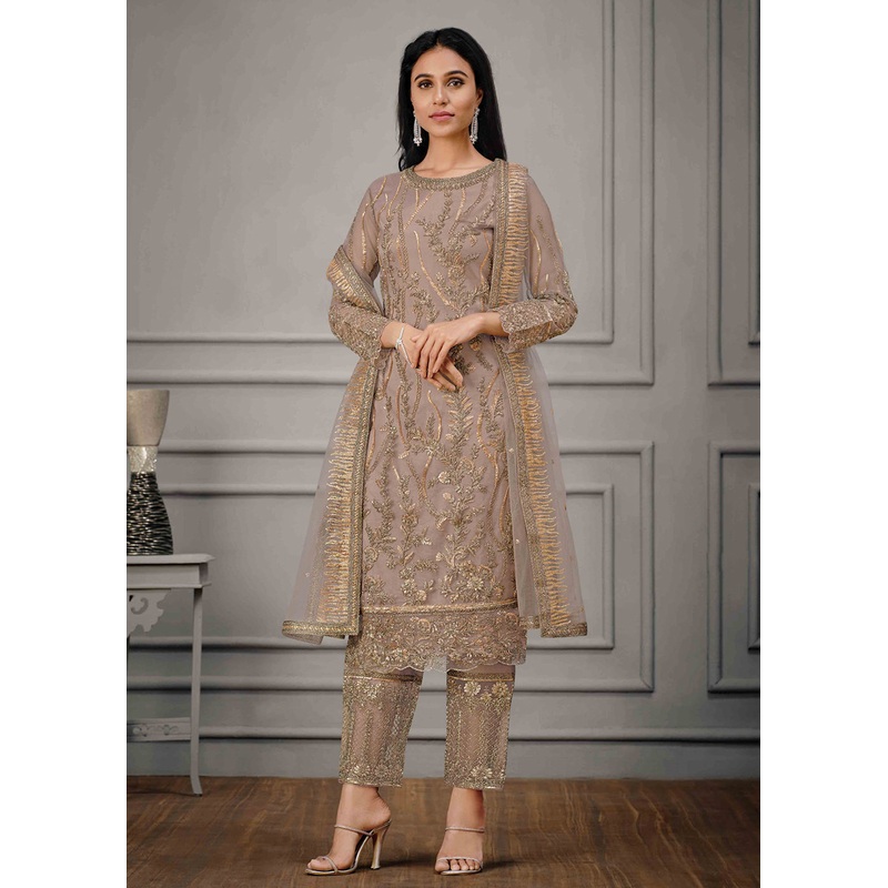 Mauve Beige Wedding Wear Net Embroidered Salwar Suit