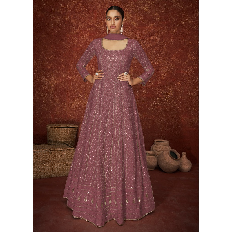 Mauve Georgette Long Embroidered Anarkali Suit